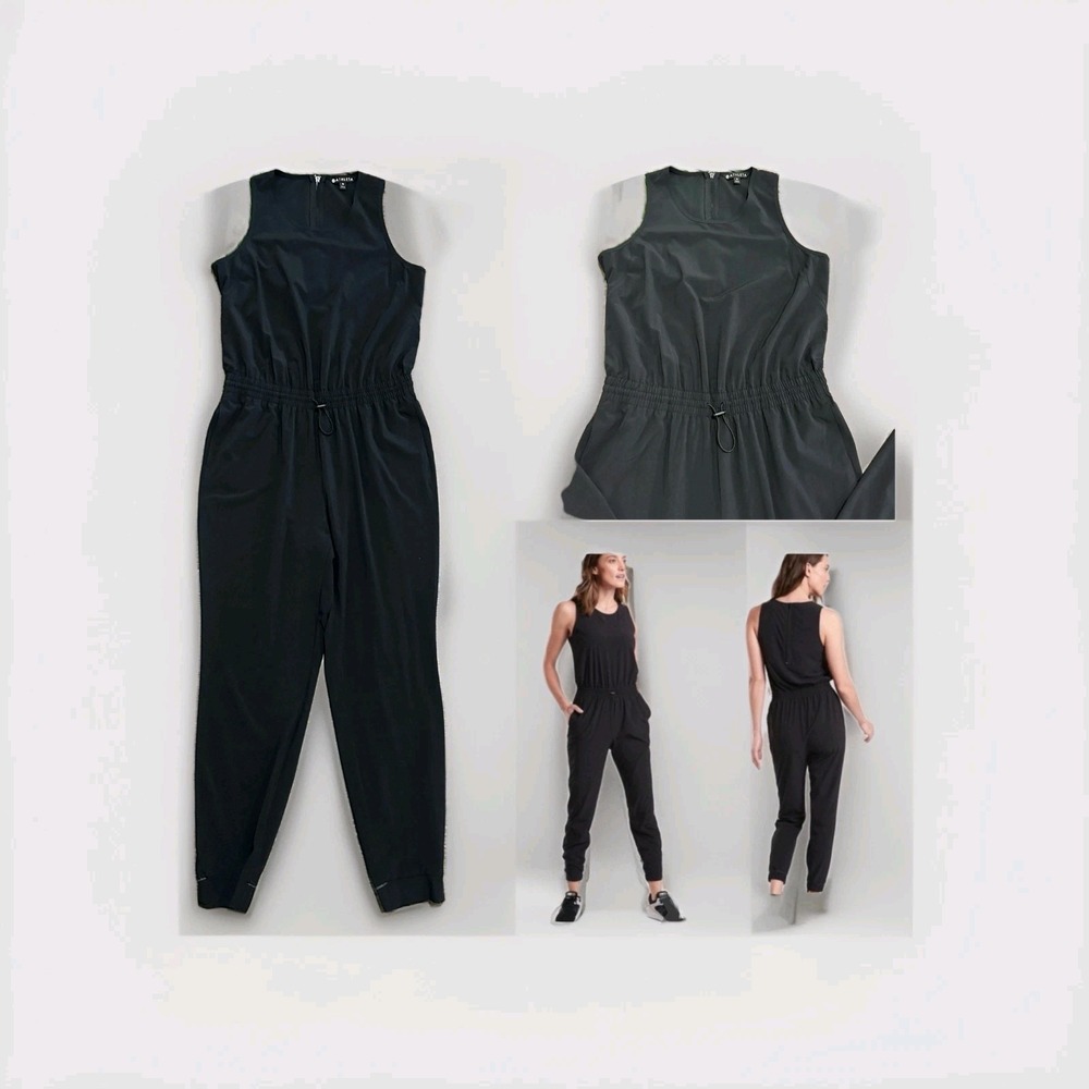 ATHLETA Hillside Jumpsuit Jogger Romper Women S 12 Black Adjust Waist Loungewear